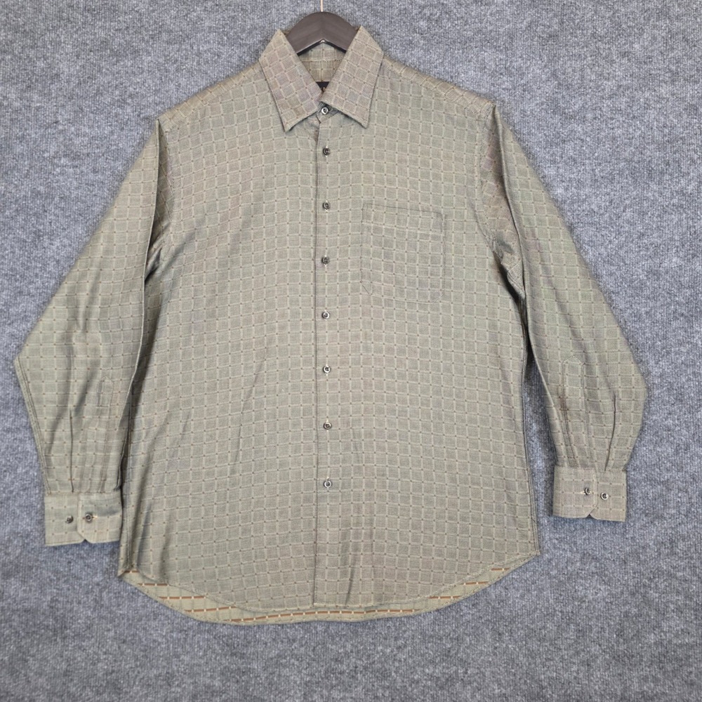Scott Barber Shirt Mens Large Olive Green Geometric Grid Button Down Long Sleeve